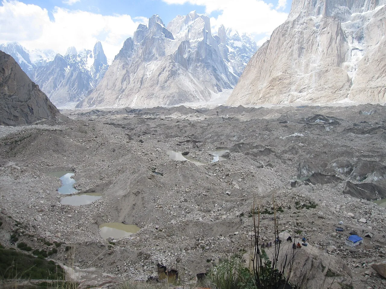The Baltoro Glacier and Trango group seen from the Urdukas campsite on the trek in