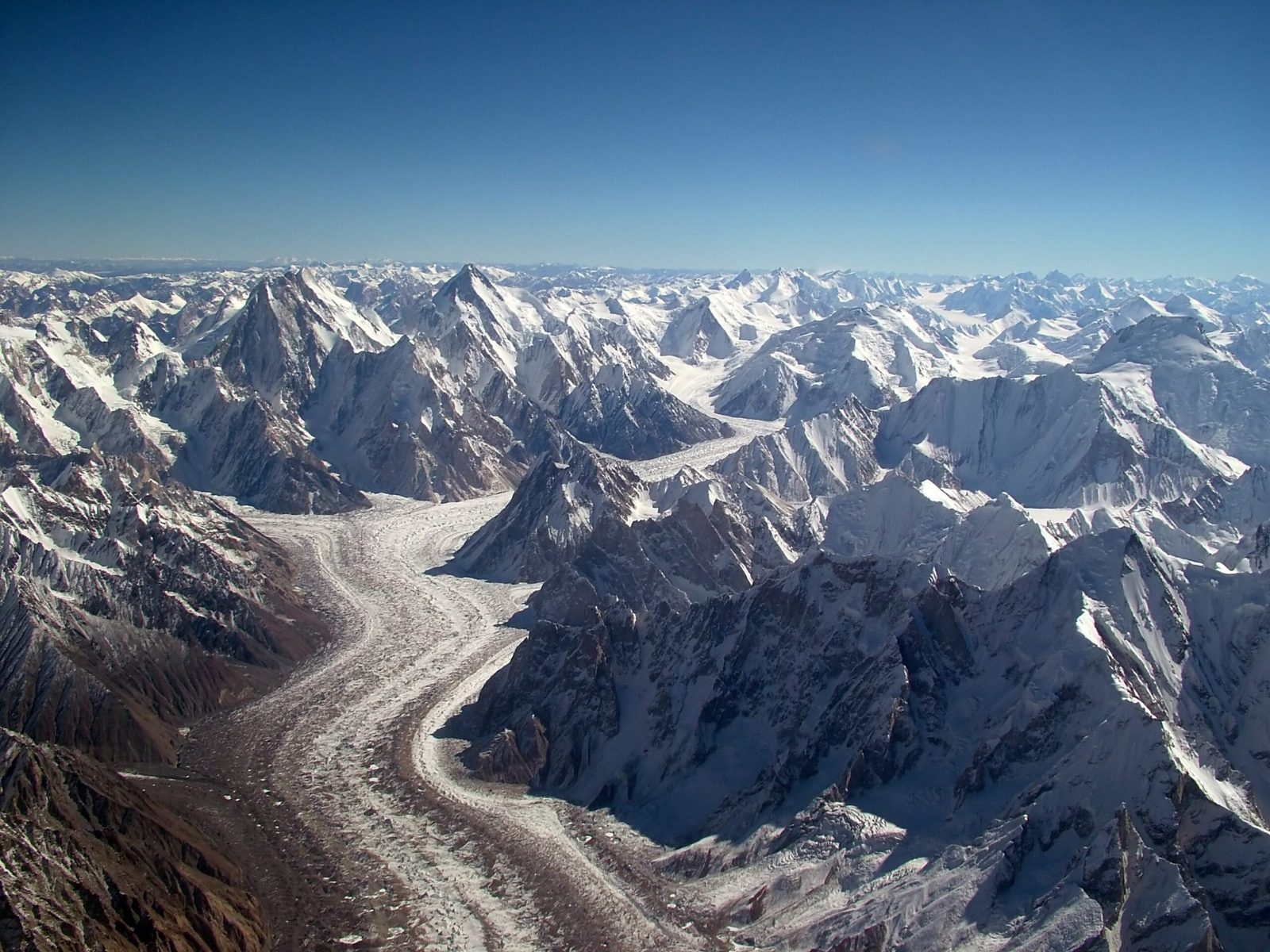 Aerial view of the Baltoro Glacier system in the Karakoram, Pakistan
