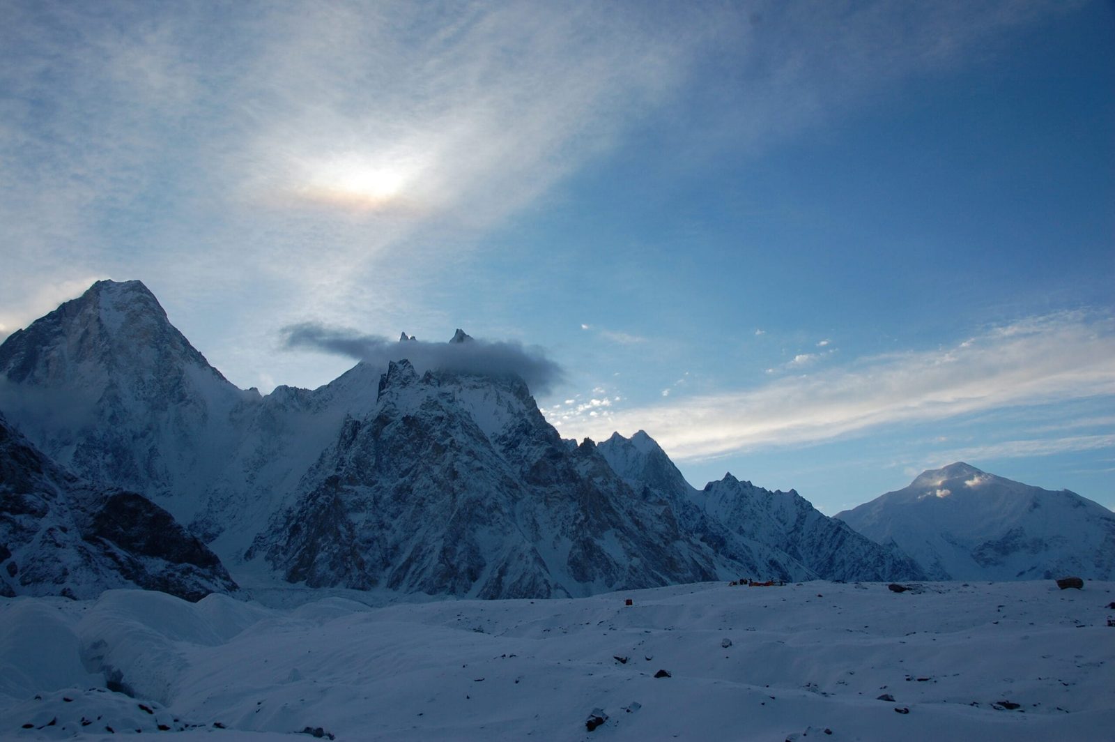 Gasherbrum IV, VII and VI with Baltoro Kangri on the right from the Baltoro Glacier