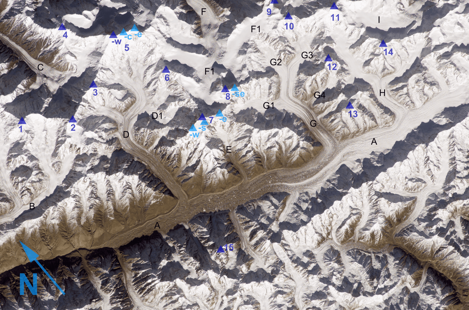Labelled satellite image of the Hispar Muztagh showing Distaghil Sar, Kanjut Sar and neighbouring peaks