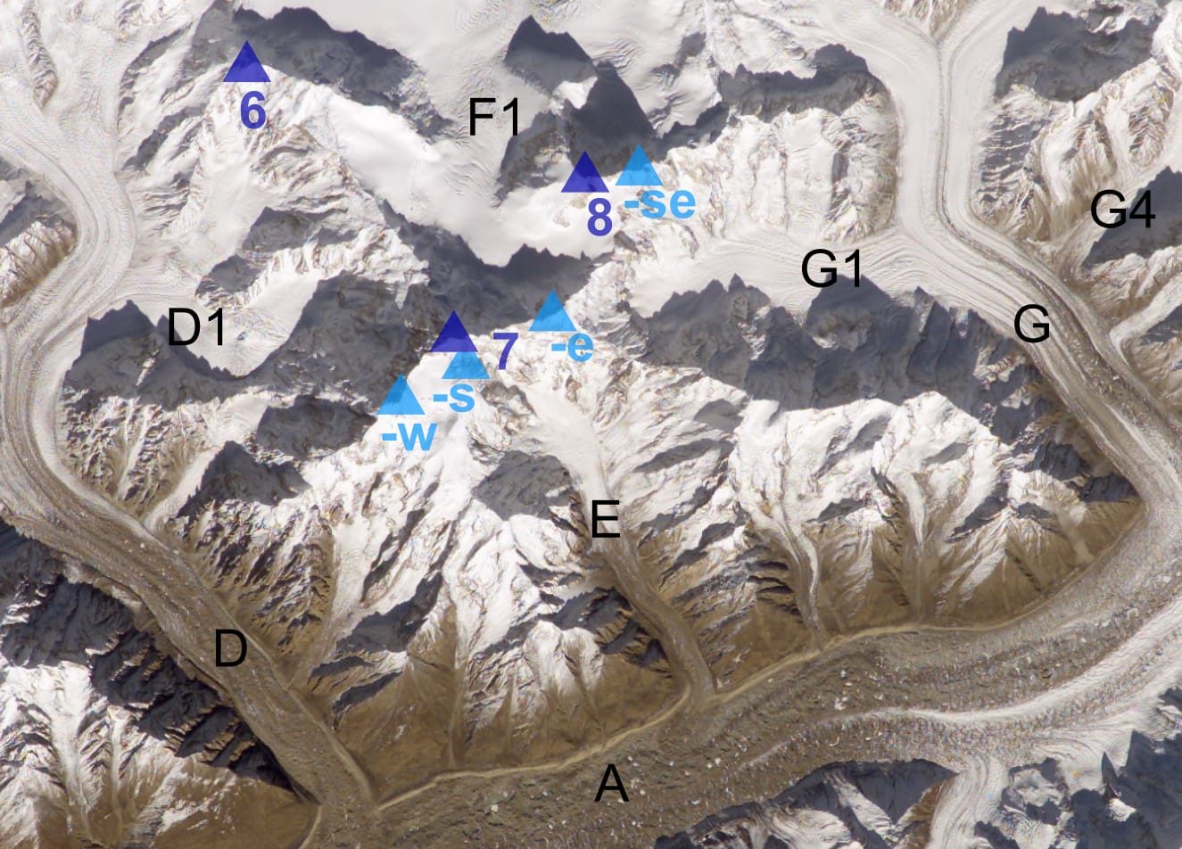 Annotated satellite view of the Hispar Glacier showing Distaghil Sar, Kunyang Chhish and Pumari Chhish