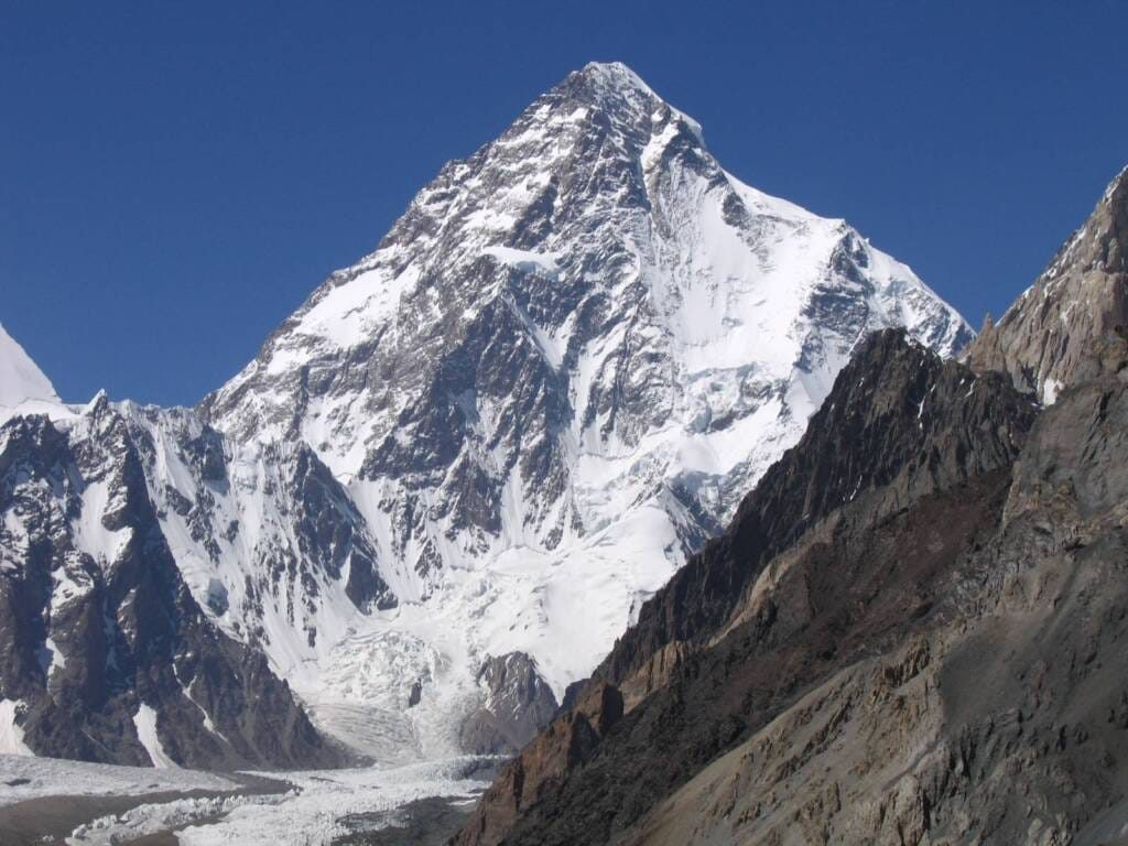 K2 at 8,611 m — the death rate statistics belong to these upper slopes, not to the trek beneath them
