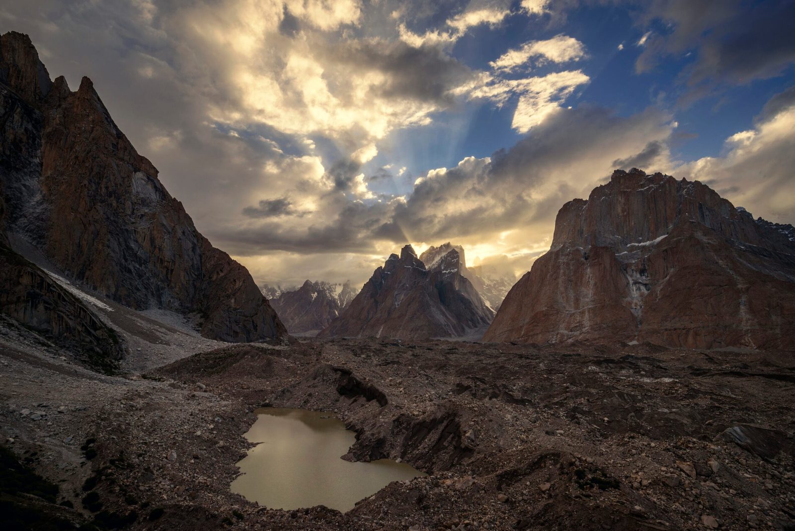 The Trango Towers rising above the Baltoro Glacier in the Karakoram, Pakistan