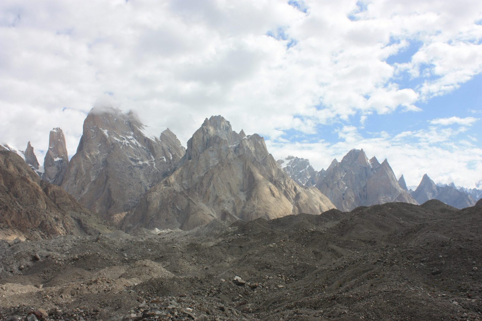 Nameless Tower, Trango Tower and the Cathedral peaks rising above the Baltoro Glacier, Karakoram, Pakistan